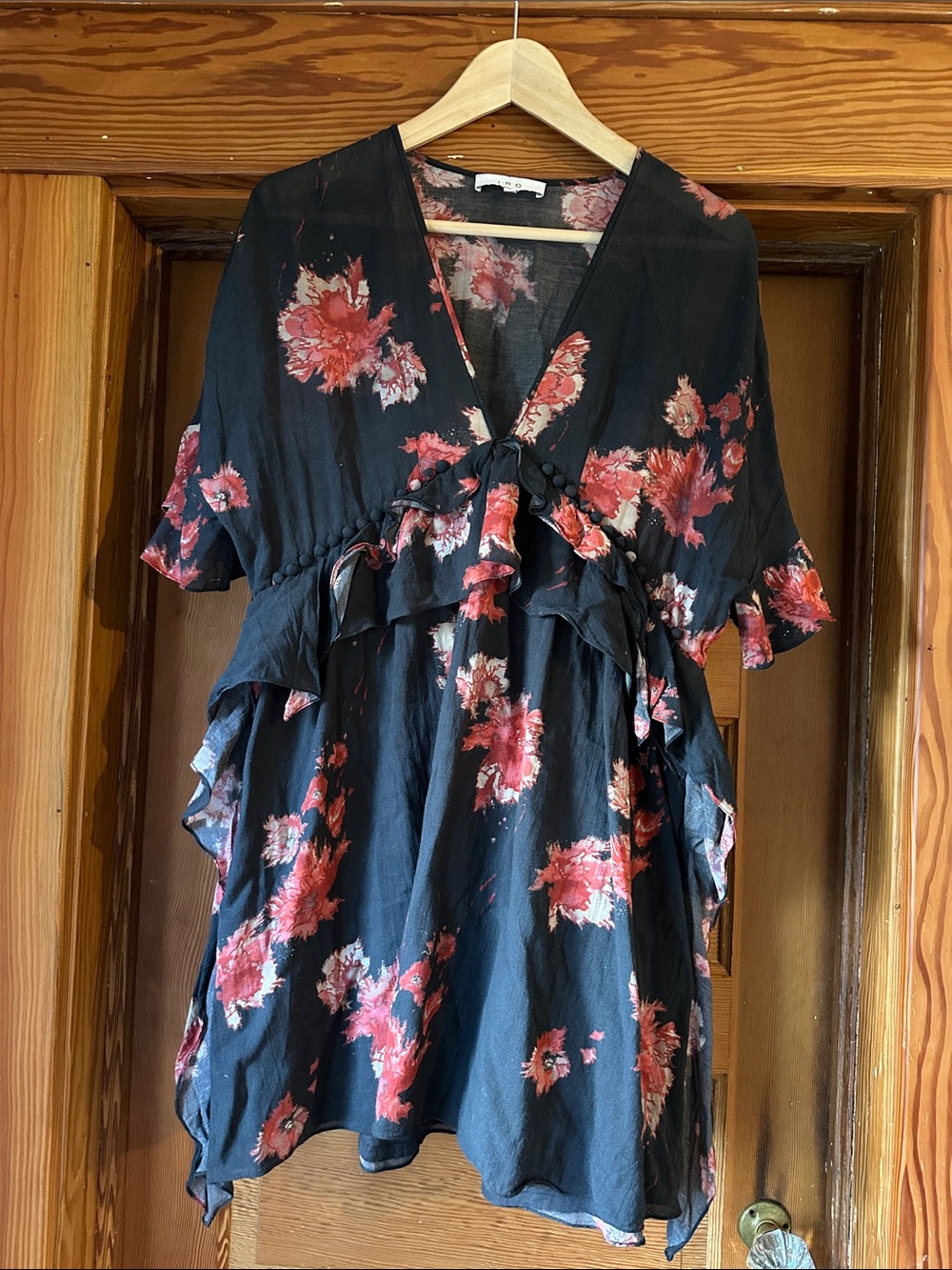 IRO Size 36 Graphite Mini Dress with Coral Floral Print and Ruffle Detail